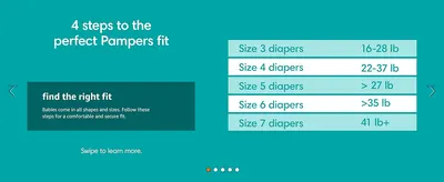 Helps parents pick the right diaper size by baby weight so they buy with confidence. Reinforces a comfortable, secure fit as the core benefit.
