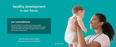 Builds trust by showing the brand's commitment to baby health and development, and points shoppers to Pampers.com.