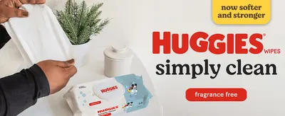 Introduces the Huggies Simply Clean wipes brand and flags a formula improvement to reassure returning shoppers. Calls out that the wipes are now softer and…