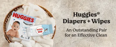Positions Huggies diapers and wipes as a complementary pair for an effective diaper-changing clean.