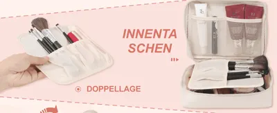 Shows the inside pockets and double layer of the cosmetic bag so shoppers see how it holds their items. Puts the focus on the organised interior, so shoppers know their makeup stays sorted.
