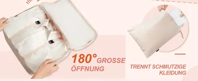 Shows two benefits, a wide-opening cube and a separate bag for dirty clothes, to make packing and unpacking easier.