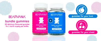 Shows the two-bottle bundle and what each gummy targets so shoppers understand the combo offer. Splits the bundle into two clearly labelled benefit areas for quick scanning.