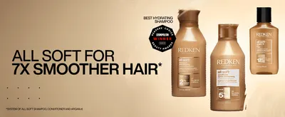 Leads with a bold 7X smoothness claim and an award badge so shoppers trust the All Soft range delivers visibly smoother hair. Presents one clear benefit over the Redken product lineup to make the…