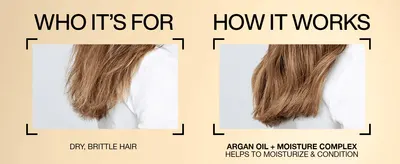 Splits the message into two panels showing which hair type the range is for and how argan oil moisturizes it, so shoppers see quickly that it fits their needs.