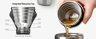 Shows the built-in ounce markings on the shaker's top so shoppers can see it doubles as a precise jigger. Reinforces that the integrated measuring top lets users pour an exact amount without a…