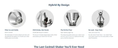 Breaks down four distinct design benefits of the hybrid shaker in a segmented icon grid.