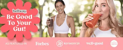 Shows Forbes, Refinery29, Well+Good and The Chalkboard logos to build trust through media coverage. Introduces the Bellway brand with a friendly gut-health slogan and lifestyle photos to set an…