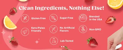 Reassures shoppers with seven clean-ingredient claims in an icon grid, such as gluten-free, sugar-free and non-GMO. Builds trust by showing the formula is free of unwanted ingredients and lab-tested.