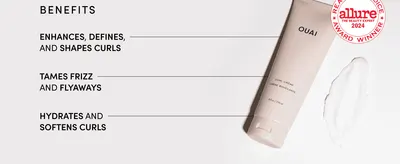 Lists three curl benefits (defines, tames frizz, hydrates) with callout lines to the tube so shoppers see what the cream does at a glance.