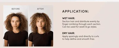Shows a side-by-side before and after of curly hair to prove the cream defines curls and reduces frizz. Explains how to apply the cream on wet and on dry hair so shoppers feel confident using it.