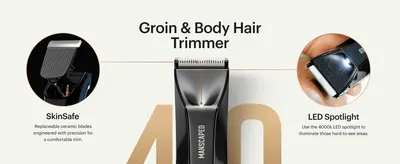 Points to two specific physical components of the trimmer to explain what each part does. Highlights two distinct product benefits, safe blades and better visibility, in one segmented callout layout.