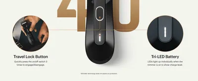 Points to two specific physical components of the trimmer to explain what each part does. Highlights two distinct product benefits, travel lock convenience and battery charge visibility, in one…