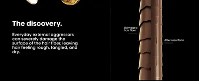 Visually proves the product repairs the hair fiber surface, showing the damaged state versus the smoother result after resurfacing.