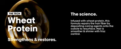 Explains how the wheat protein formula repairs the hair fiber for a smoother, shinier, frizz-free result.