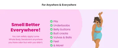 Lists the many body areas the deodorant can be used on so shoppers know it works well beyond underarms.