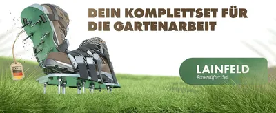 Introduces the product as a complete garden aerator kit through a bold hero image and headline. Reinforces the LAINFELD brand name and product line via a prominent logo badge.