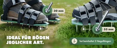 Points out the two available nail lengths (30mm and 55mm) so shoppers understand the product suits different ground types. Highlights versatility across ground types by showing two nail-length…