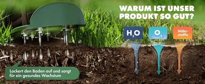 Shows how the aerator's spikes open the soil to let water, oxygen and nutrients reach the roots for healthier growth.