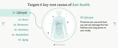 Educates shoppers on the six root causes of hair health the product targets, building the case for its multi-pronged approach.