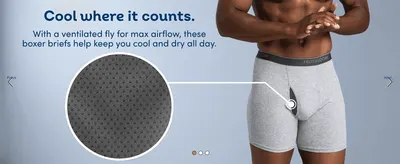 Highlights the ventilated fly design that keeps wearers cool and dry throughout the day. Zooms into the fabric texture of the ventilated fly to show the physical construction that enables airflow.