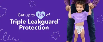 Communicates the diaper's core benefit of up to 12 hours of triple leak protection to reassure parents about all-day dryness. Highlights a specific duration claim to give shoppers a concrete…