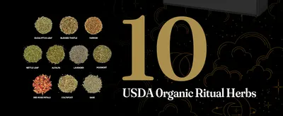 Leads with the number of organic ritual herbs in the kit and labels each one so shoppers see the value of the set. Shows every herb included in the kit so shoppers know what they receive.