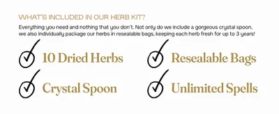 Lists exactly what comes in the kit, including the crystal spoon and resealable bags, so shoppers know they are getting everything they need. Reassures shoppers that each herb stays fresh for up to…