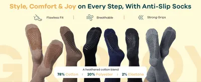Highlights the socks' fit, breathability, grip and material composition to reassure shoppers of quality and comfort.