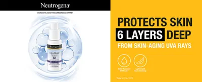 Presents the serum's deep UVA protection claim with a dermatologist endorsement, backed by water-resistant and lightweight icons.