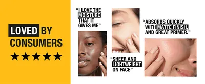 Uses short customer quotes and a five-star row to build trust in the serum's lightweight, matte feel.