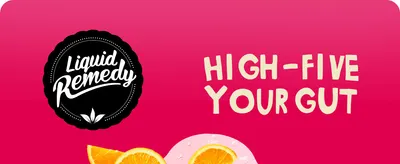Introduces the Liquid Remedy brand with its logo and a punchy gut-health slogan to open the A+ section with brand identity.