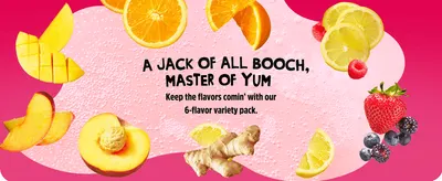 Highlights the 6-flavor variety pack using scattered fruit imagery to convey a wide range of tasty flavor options.