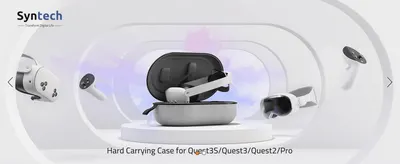 Establishes brand identity with a stylized hero shot of the case and accessories. Shows the case is compatible with multiple Quest headset models.