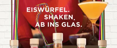 Sums up how simple the cocktail is to make (ice, shake, pour) so shoppers see it as effortless. Uses one bold headline over a bartender scene to sell quick, bar-style cocktails at home.