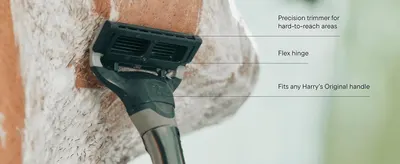 Labels the trimmer's physical components to show shoppers how the tool is built. Communicates three distinct product benefits via callout lines on one product photo.