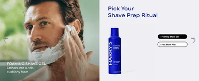 Lets shoppers choose between the brand's shave prep products via a carousel selector. Highlights the foaming gel's lathering benefit alongside a lifestyle shot of it in use.