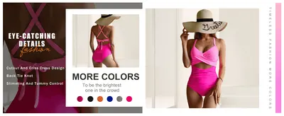 Highlights the swimsuit's cutout, criss-cross back and tummy-control design details alongside a lifestyle shot to build desirability. Shows that the style is available in multiple colors so shoppers…