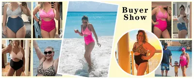 Displays real customer photos wearing the swimsuit to build social proof and trust through authentic, unfiltered results.