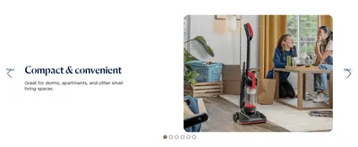 Shows the vacuum's small footprint fits easily into dorms, apartments, and other tight living spaces.