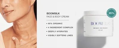 Lists four key benefits of Boomsilk, including 95% organic and deep hydration, so shoppers see why it suits face and body.