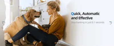 Reassures shoppers the collar stops barking almost instantly, shown through a warm lifestyle scene with the dog owner.