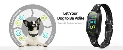 Shows the four selectable correction modes (beep, vibration, and combinations) so shoppers know the collar offers adjustable, humane training options.