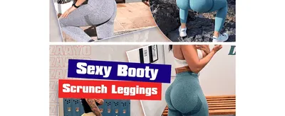Uses a lifestyle photo collage with a bold tagline to highlight the flattering, booty-lifting scrunch design of the leggings.