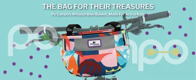 Introduces the Whoosh bike basket as a dedicated storage solution for kids' treasures during rides. Reinforces the Po Campo brand identity through a large background wordmark behind the hero product…