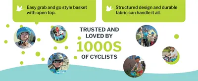 Highlights two key basket features while building trust through a collage of real cyclist photos. Shows a scattered grid of real customer photos to prove the product is loved by thousands of cyclists.