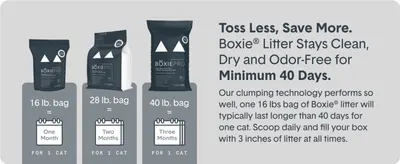 Shows how long each bag size lasts to help shoppers pick the right size and see the value of buying larger bags. Reinforces that the clumping technology keeps litter clean and odor-free for a…