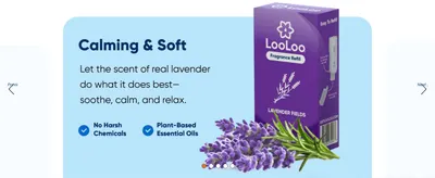 Highlights the calming real-lavender fragrance and clean plant-based ingredients to reassure shoppers about scent and safety.
