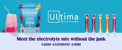 Introduces the Ultima Replenisher brand and its range of flavor sticks to build recognition before shoppers see the product details. Reassures shoppers the…