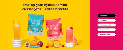 Shows the range of flavors and package formats (stickpacks, canister sizes) available so shoppers can pick the right option.